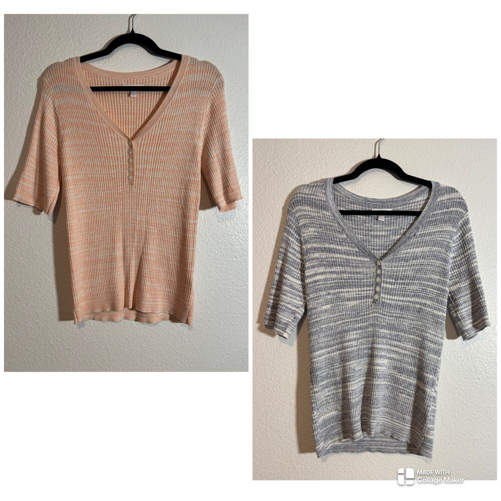 LC Lauren Conrad Lot of 2 Size L Ribbed Henley V-Neck Casual Tops Peach & Blue